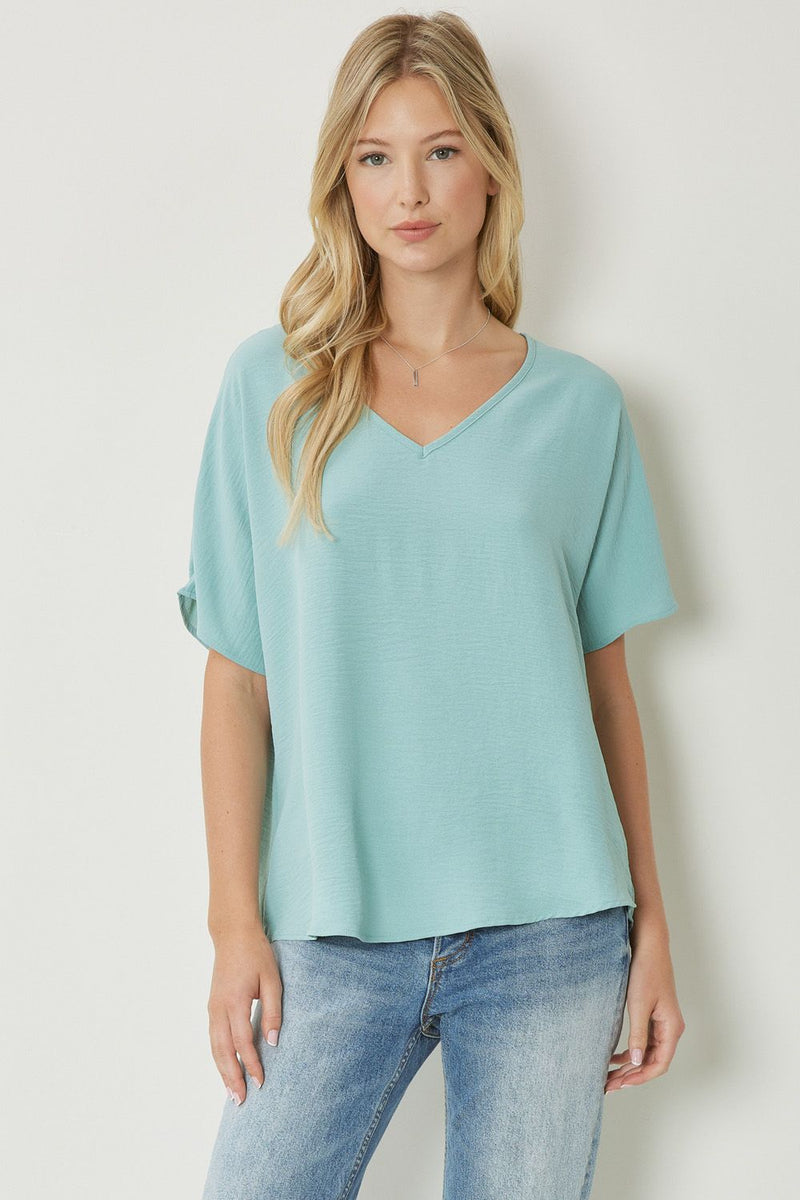 Solid V-Neck Woven Top - Aloe - Sizes S-2XL