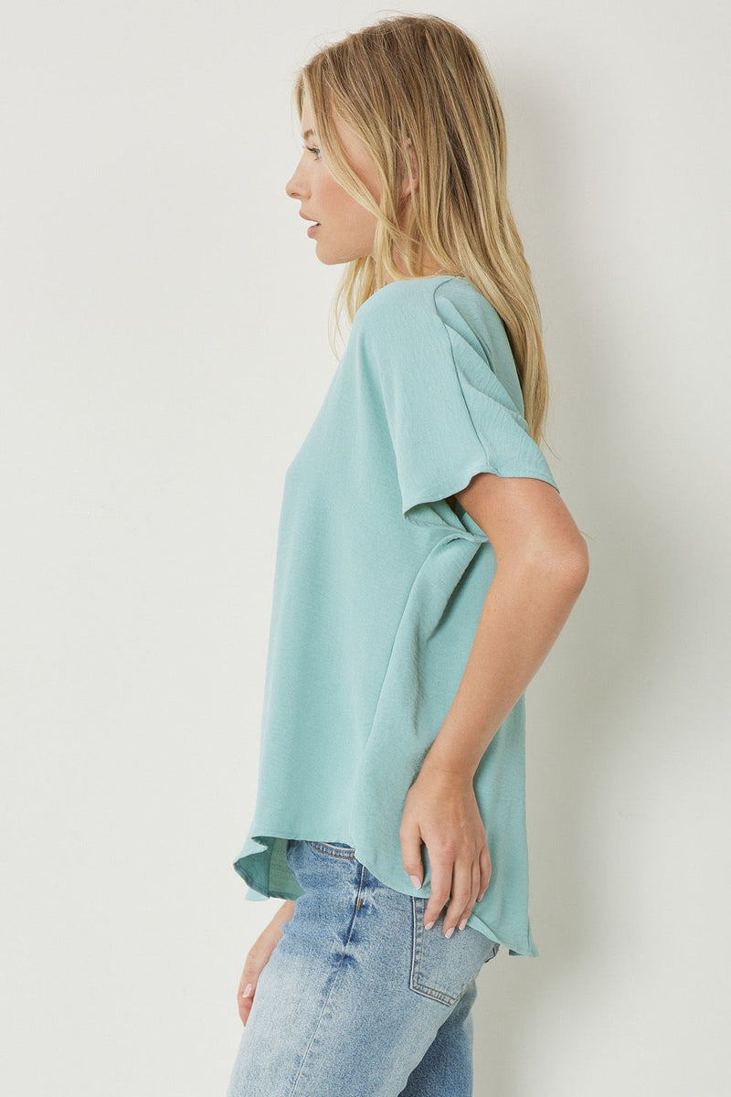 Solid V-Neck Woven Top - Aloe - Sizes S-2XL