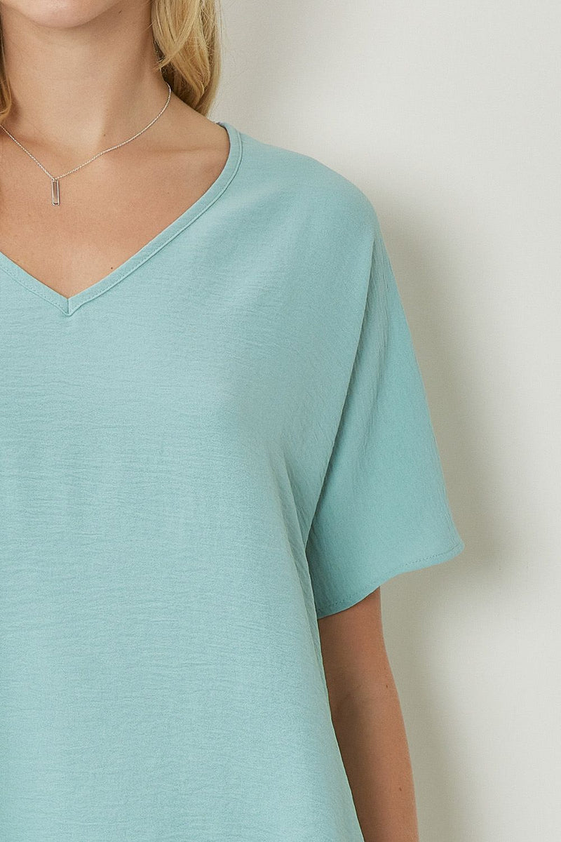 Solid V-Neck Woven Top - Aloe - Sizes S-2XL