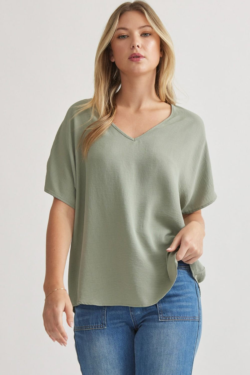 Solid V-Neck Woven Top - Sage - Sizes S-2XL