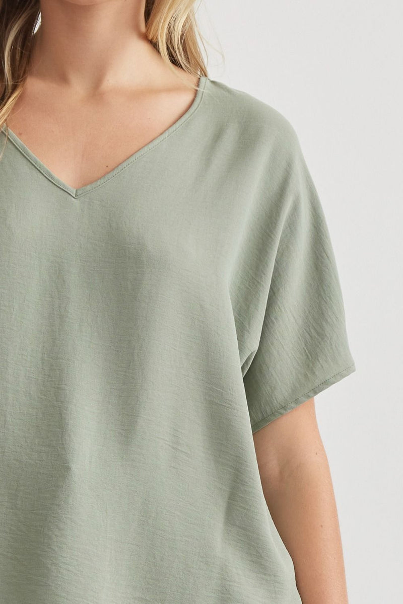 Solid V-Neck Woven Top - Sage - Sizes S-2XL