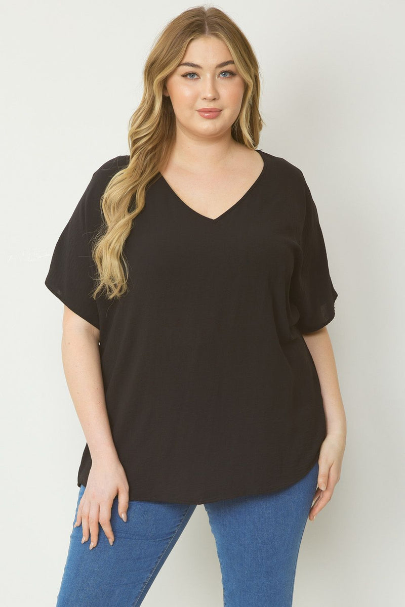 Solid V-Neck Woven Top - Black - Sizes S-2XL