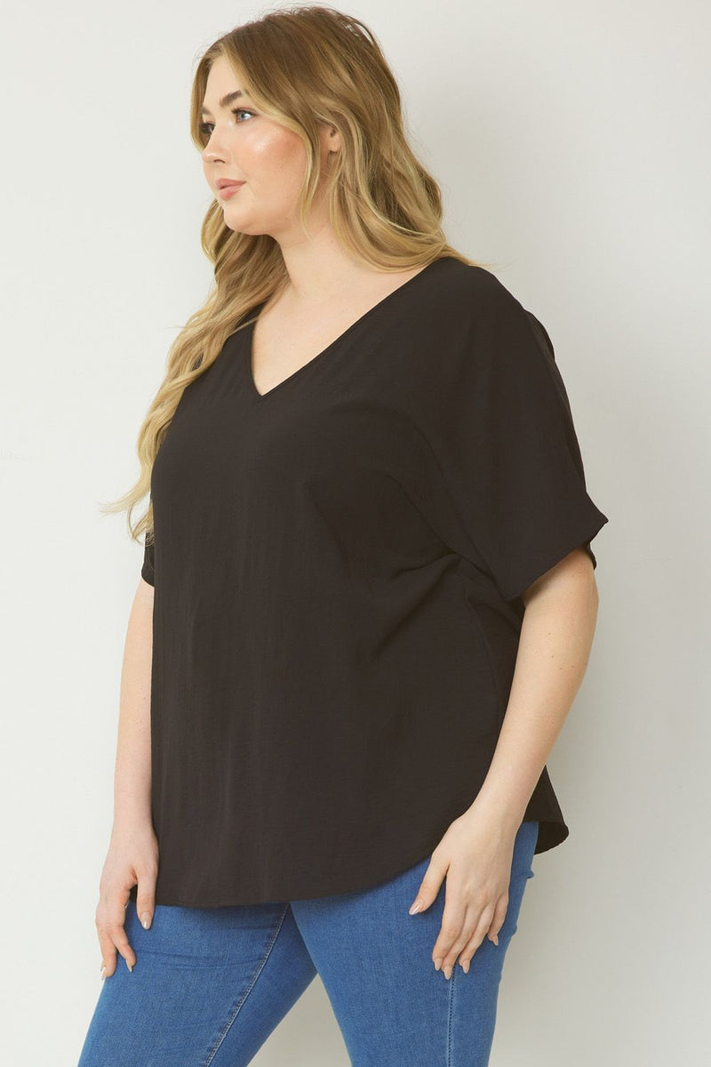 Solid V-Neck Woven Top - Black - Sizes S-2XL