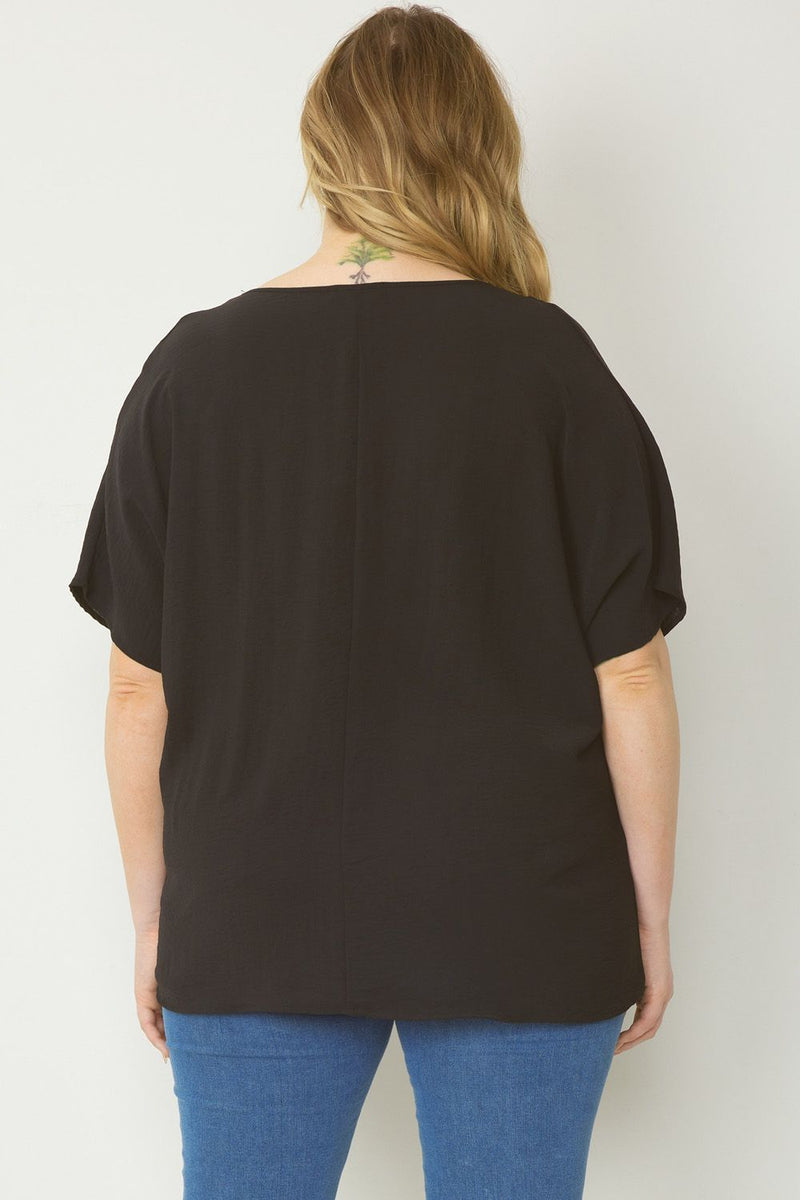 Solid V-Neck Woven Top - Black - Sizes S-2XL