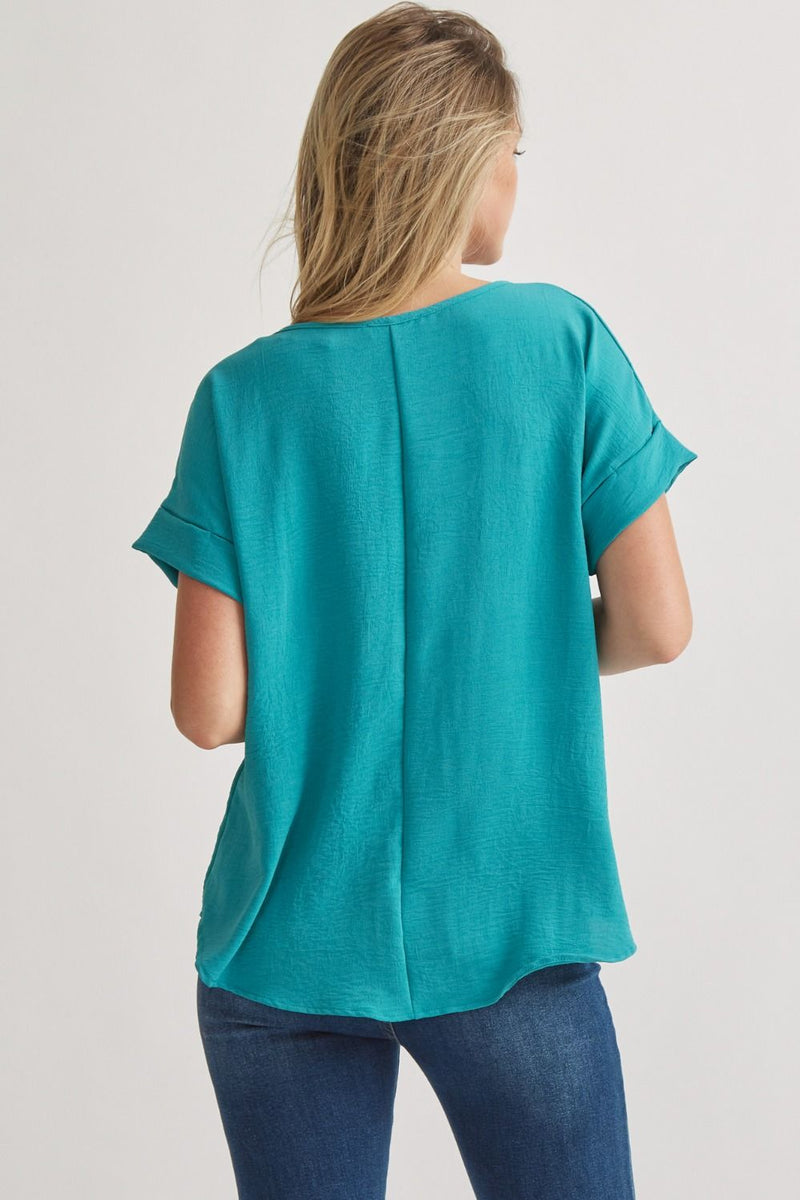 Woven Scoop Neck Top Short Sleeve - Turquoise - Sizes S-2XL