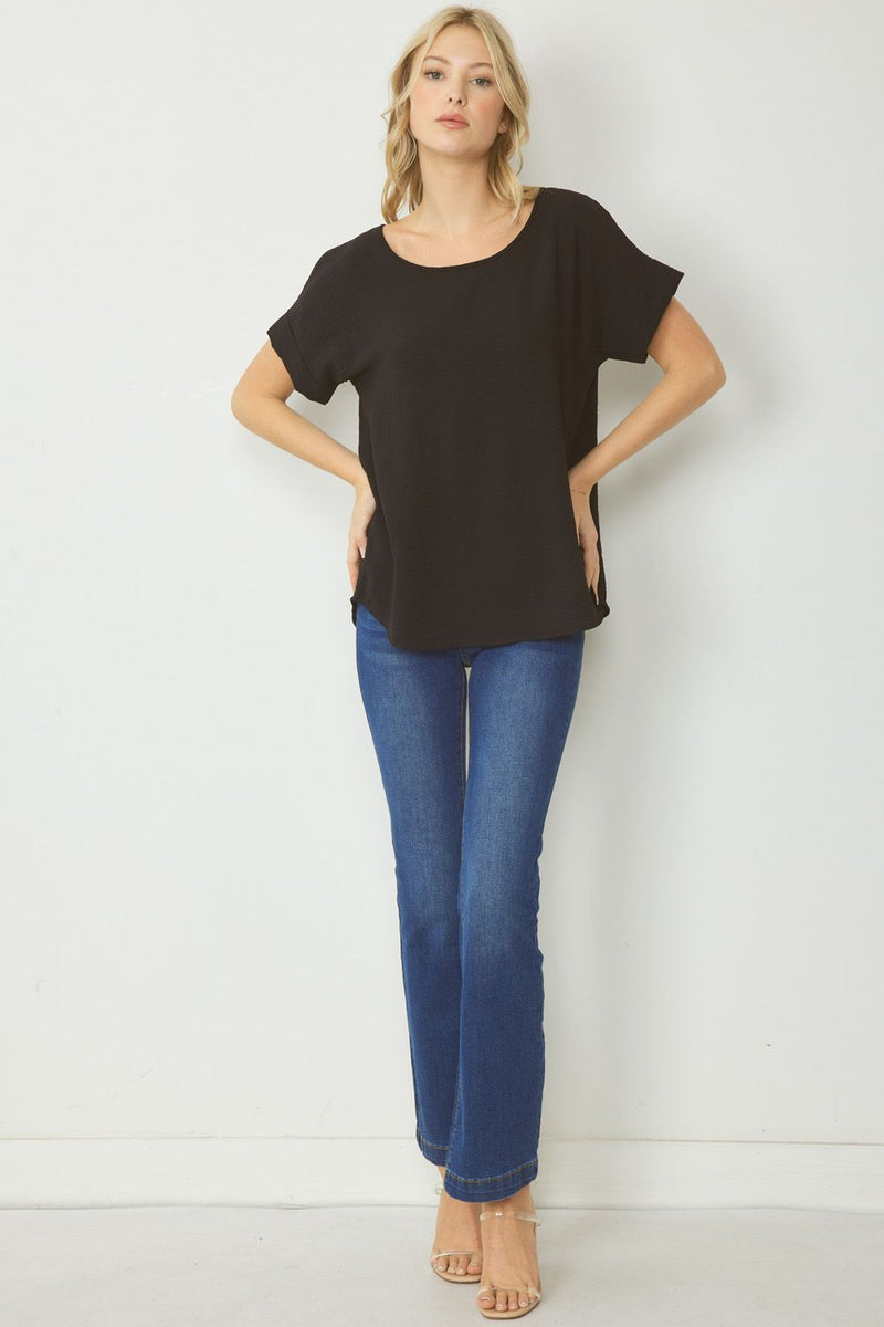 Woven Scoop Neck Top Short Sleeve - Black - Sizes S-L