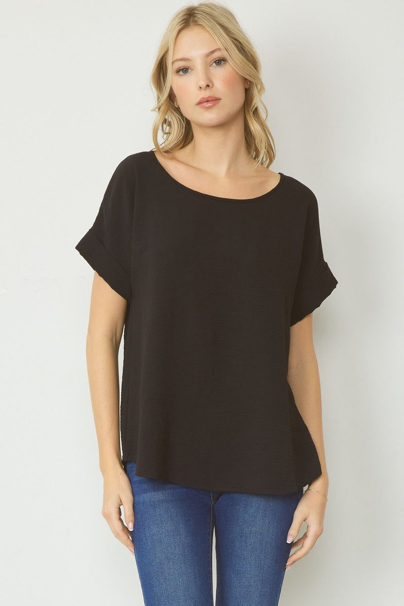 Woven Scoop Neck Top Short Sleeve - Black - Sizes S-L