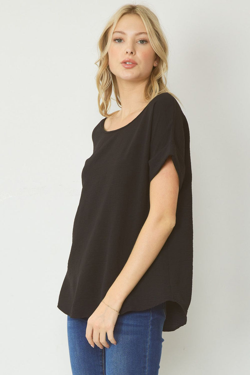 Woven Scoop Neck Top Short Sleeve - Black - Sizes S-L
