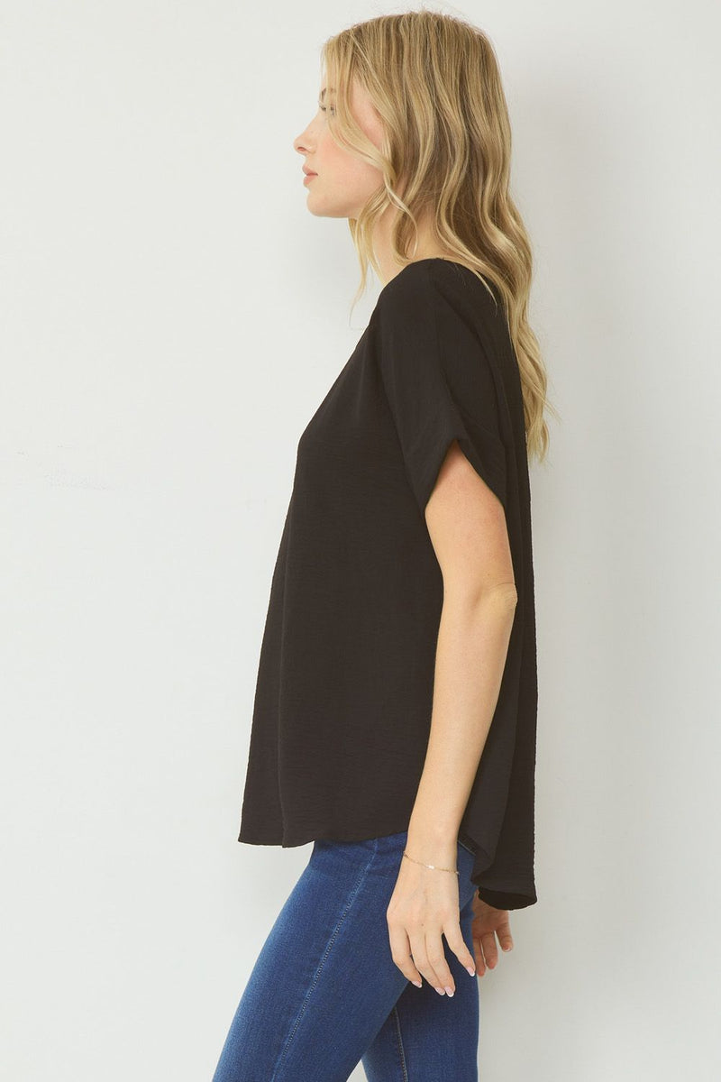 Woven Scoop Neck Top Short Sleeve - Black - Sizes S-L