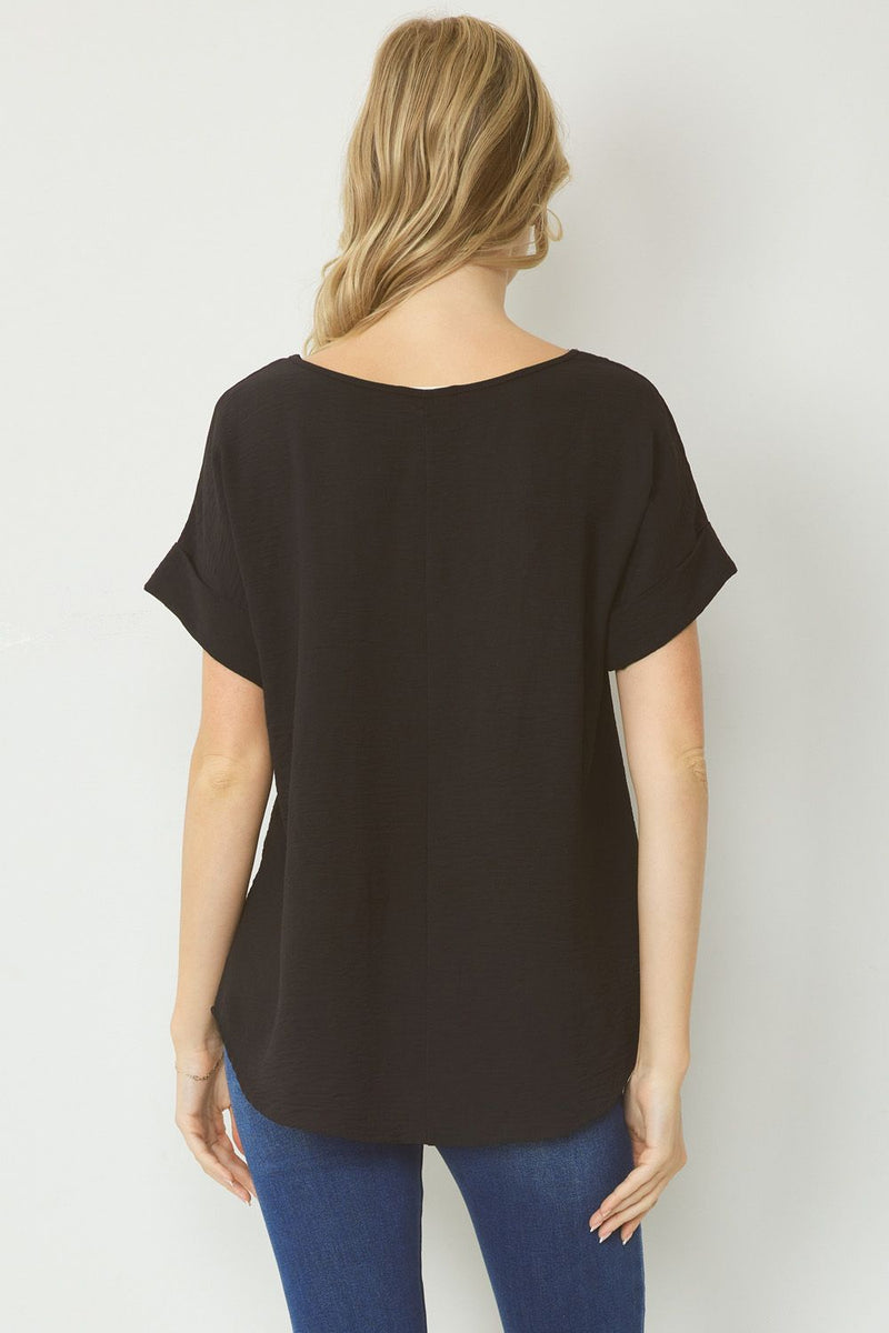 Woven Scoop Neck Top Short Sleeve - Black - Sizes S-L