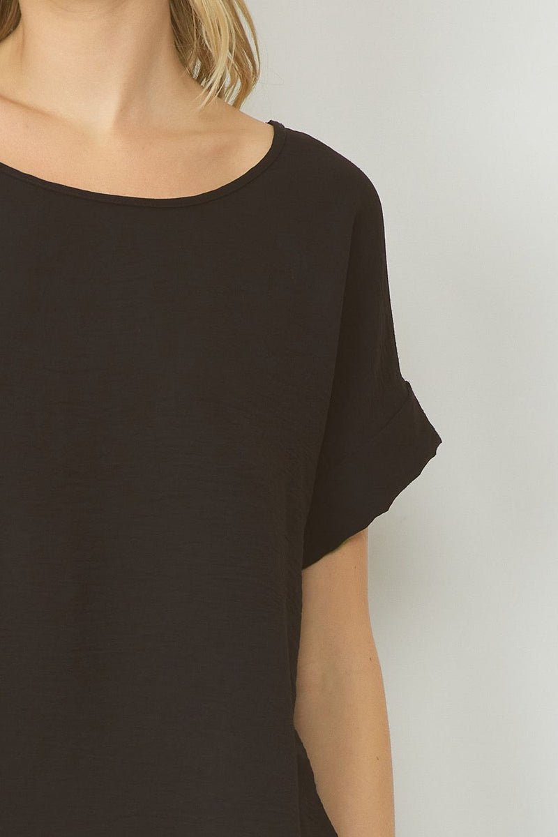Woven Scoop Neck Top Short Sleeve - Black - Sizes S-L
