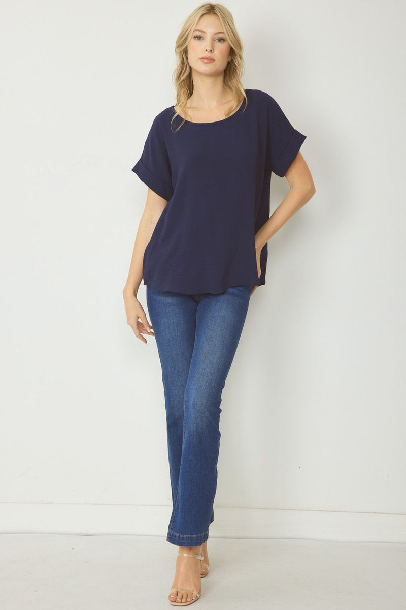 Woven Scoop Neck Top Short Sleeve - Navy - Sizes S-2XL
