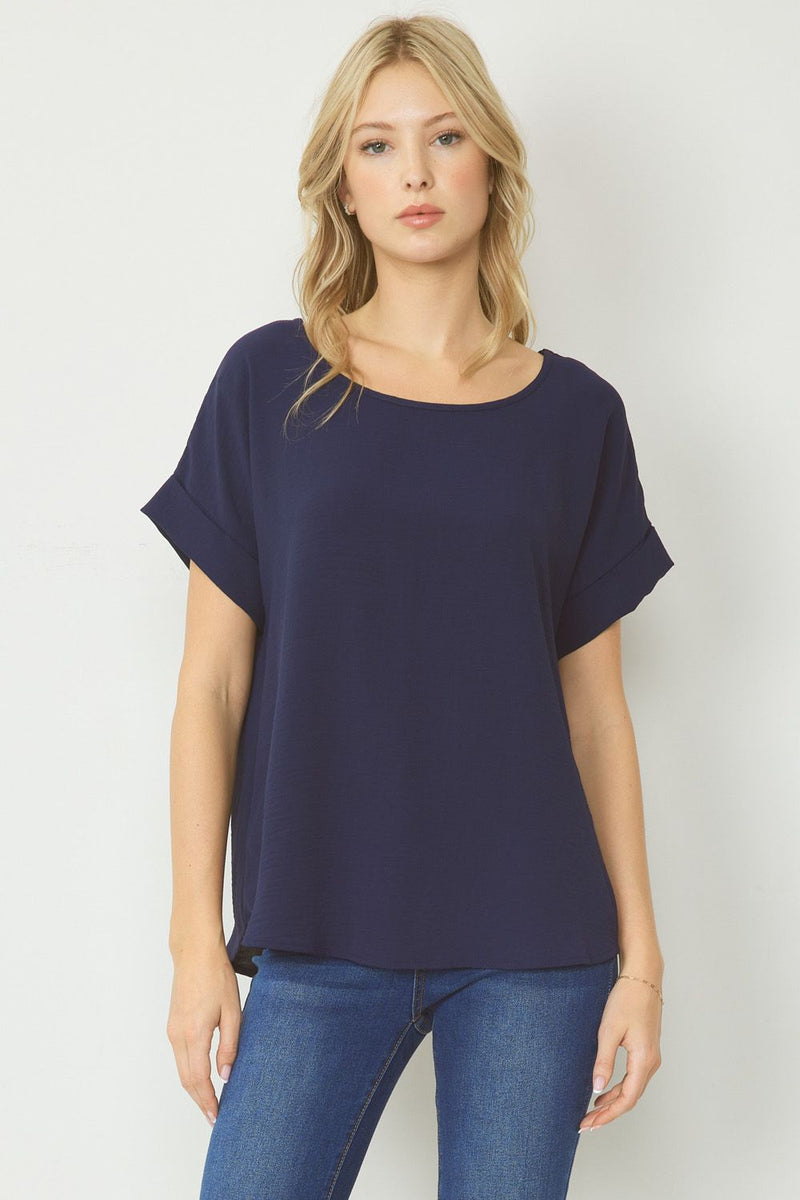 Woven Scoop Neck Top Short Sleeve - Navy - Sizes S-2XL