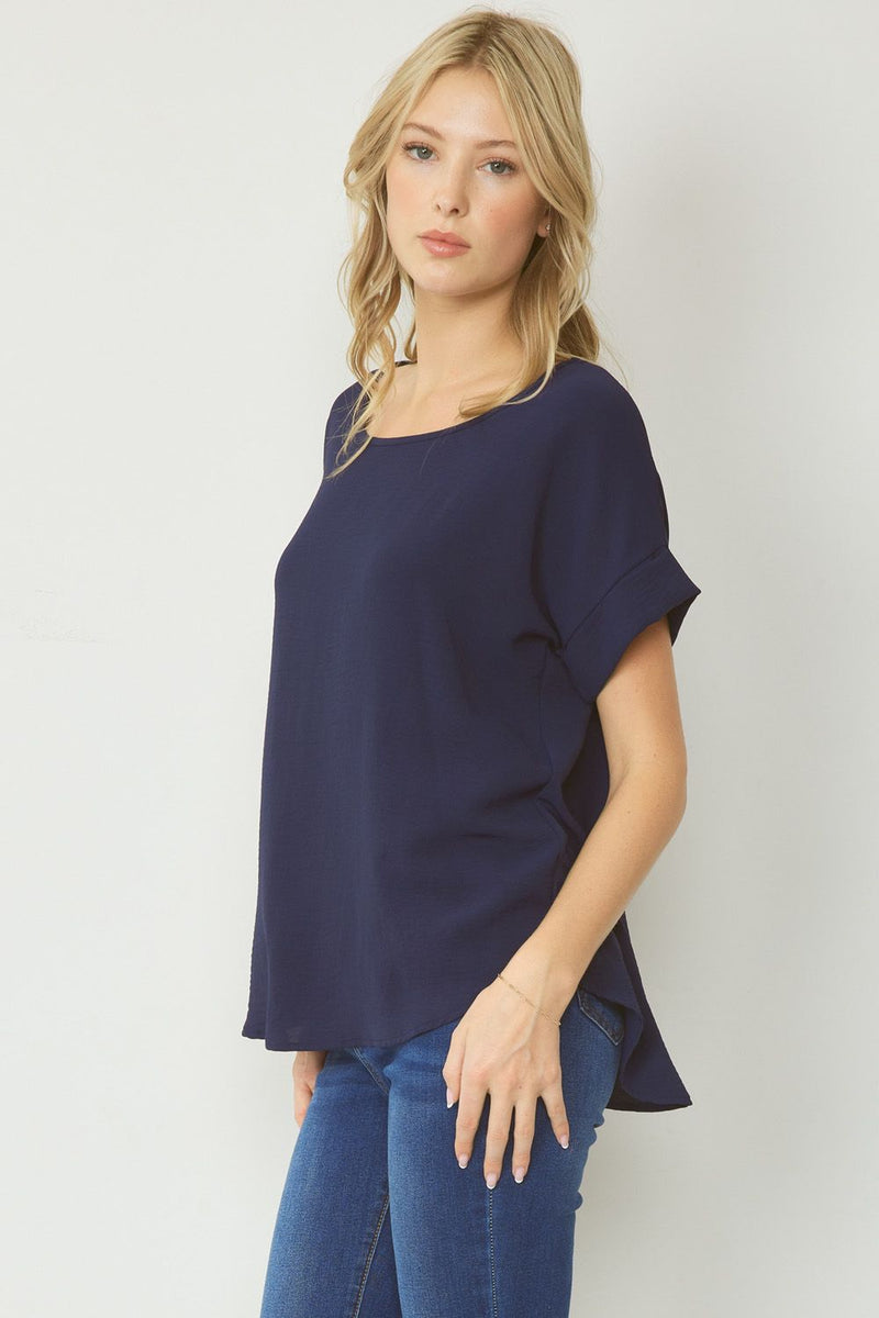 Woven Scoop Neck Top Short Sleeve - Navy - Sizes S-2XL