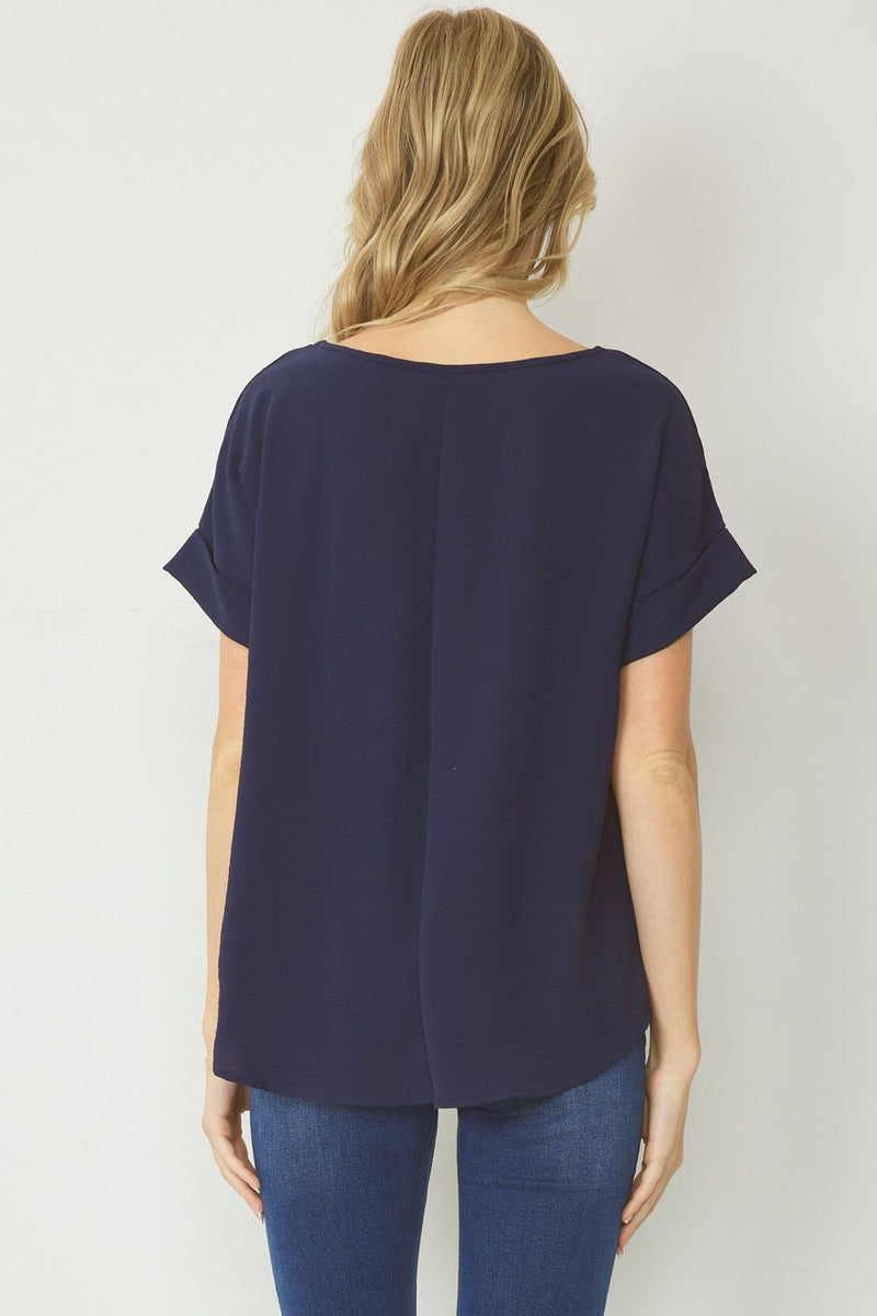 FINAL SALE Woven Scoop Neck Top Short Sleeve - Navy - Sizes S-2XL