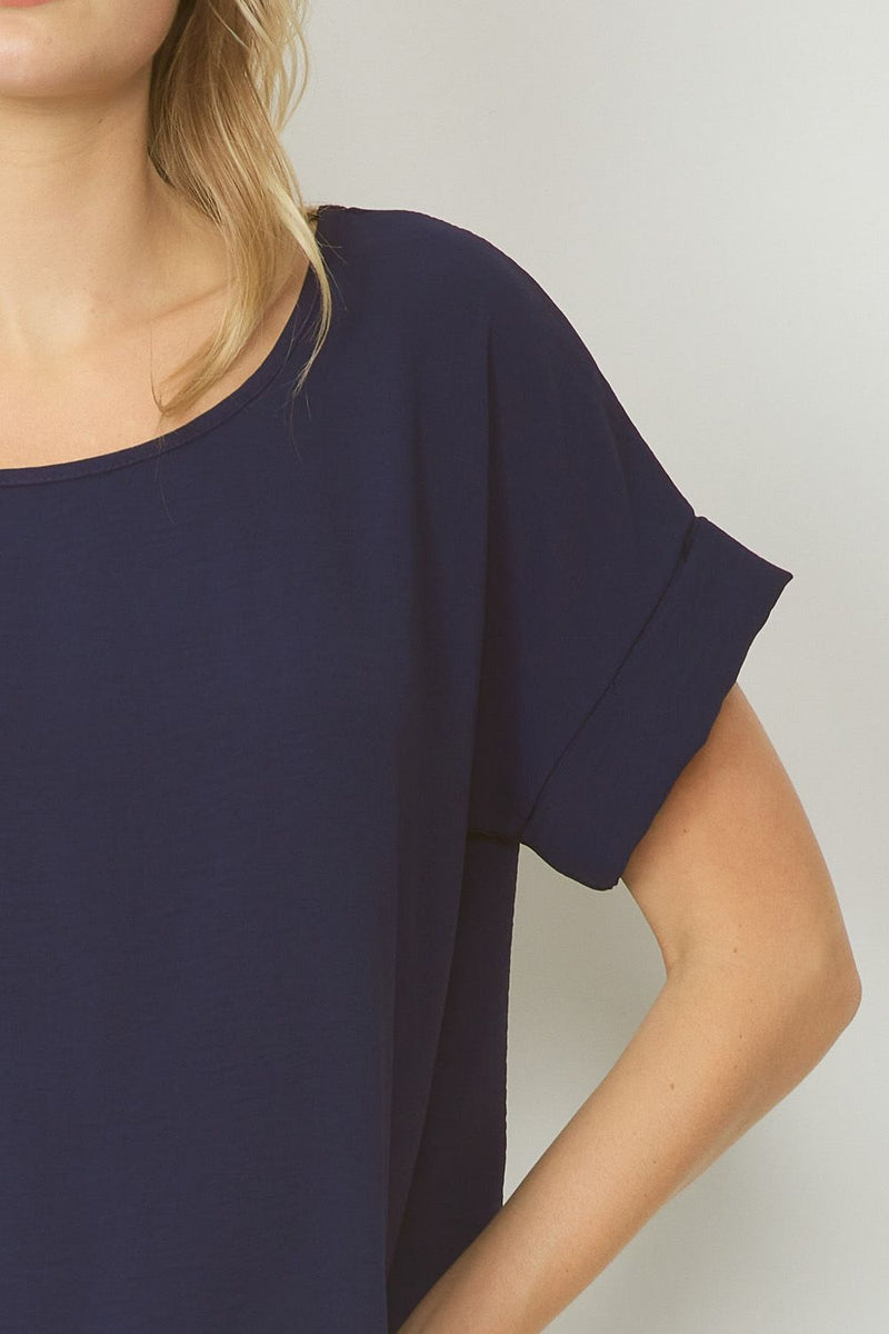 Woven Scoop Neck Top Short Sleeve - Navy - Sizes S-2XL