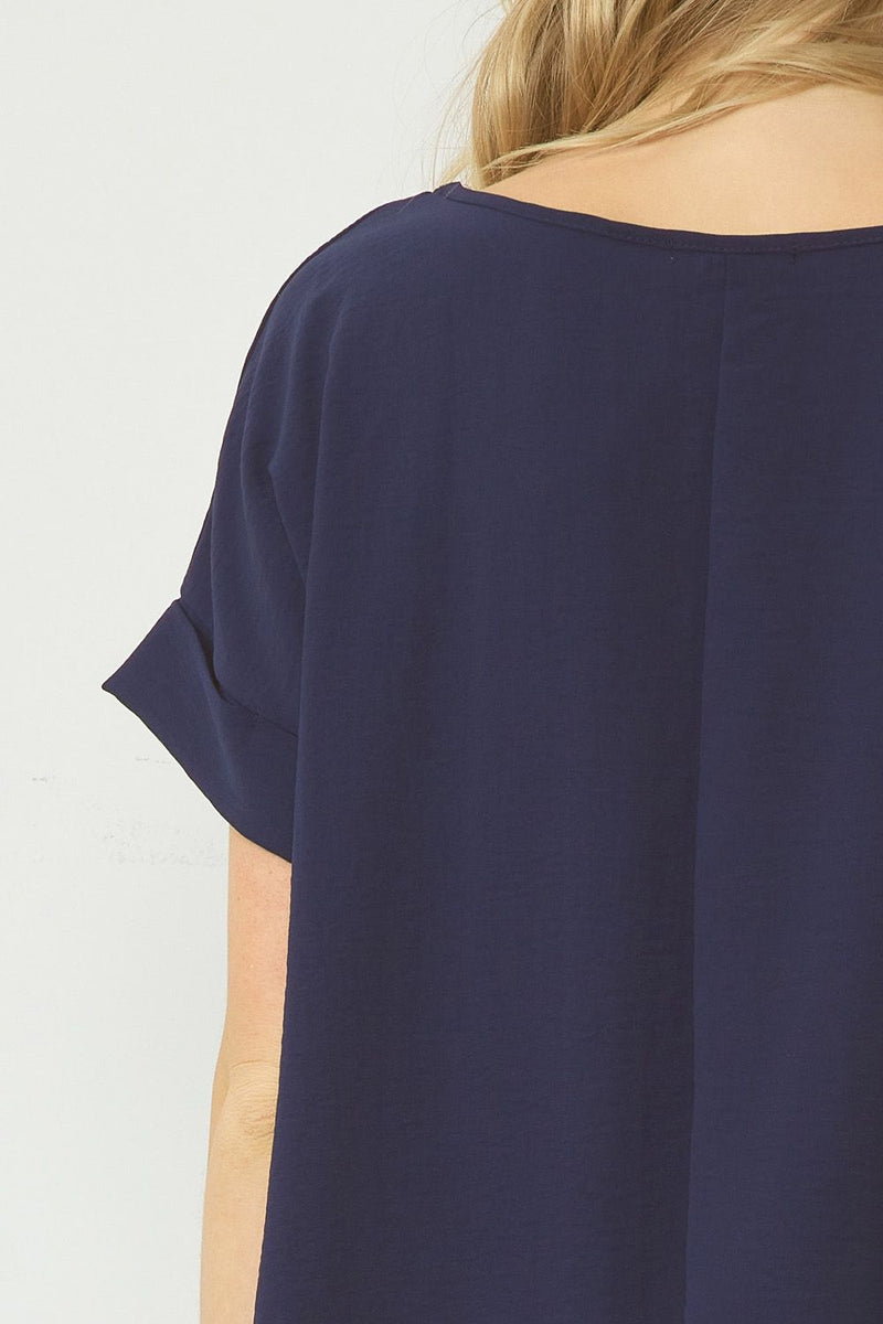 FINAL SALE Woven Scoop Neck Top Short Sleeve - Navy - Sizes S-2XL