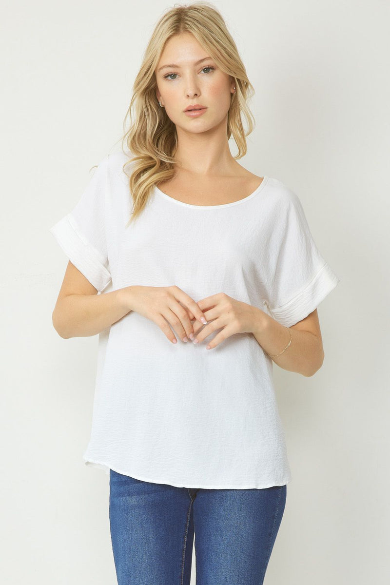 Woven Scoop Neck Top Short Sleeve - Off White - Sizes Small - 2XL Curvy