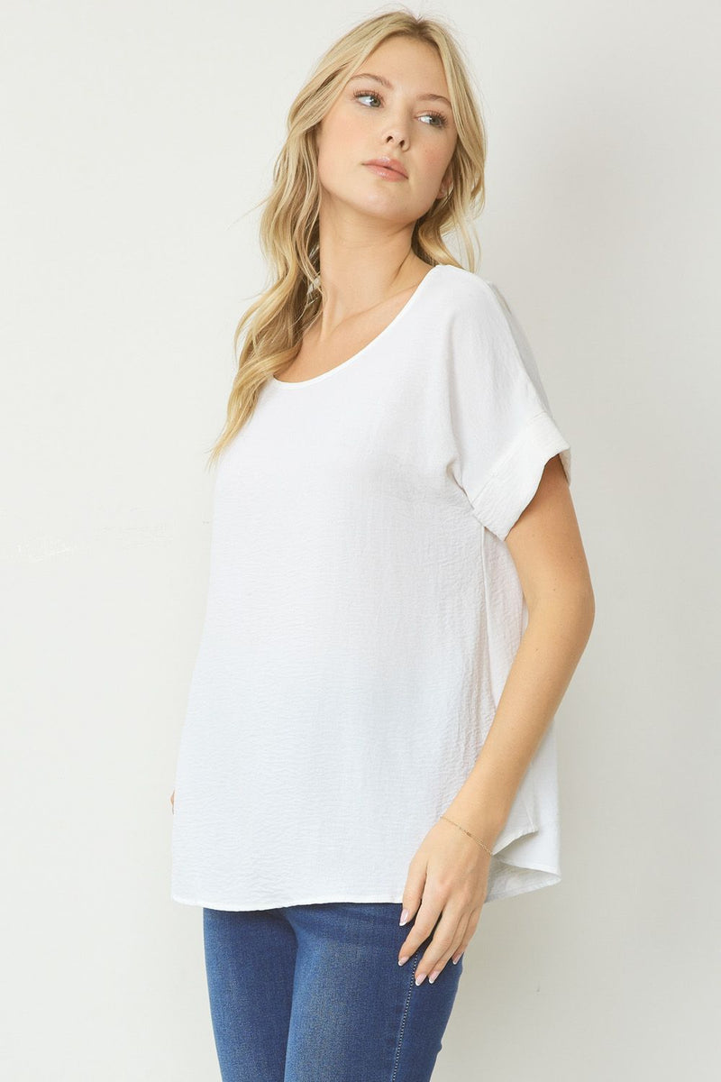 Woven Scoop Neck Top Short Sleeve - Off White - Sizes Small - 2XL Curvy