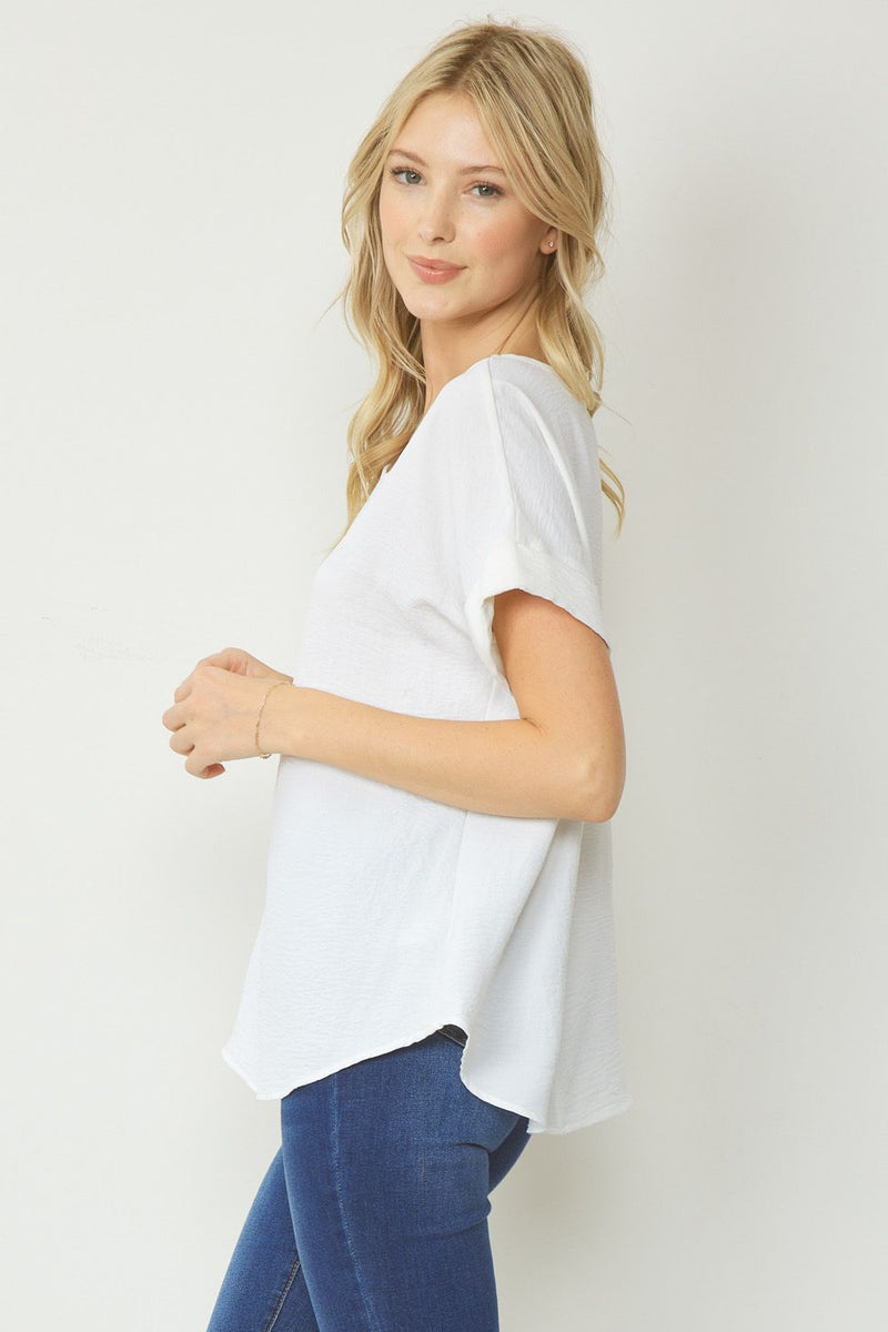 Woven Scoop Neck Top Short Sleeve - Off White - Sizes Small - 2XL Curvy