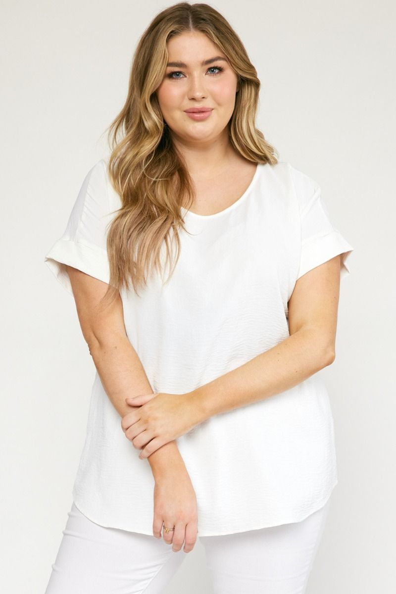 Woven Scoop Neck Top Short Sleeve - Off White - Sizes Small - 2XL Curvy
