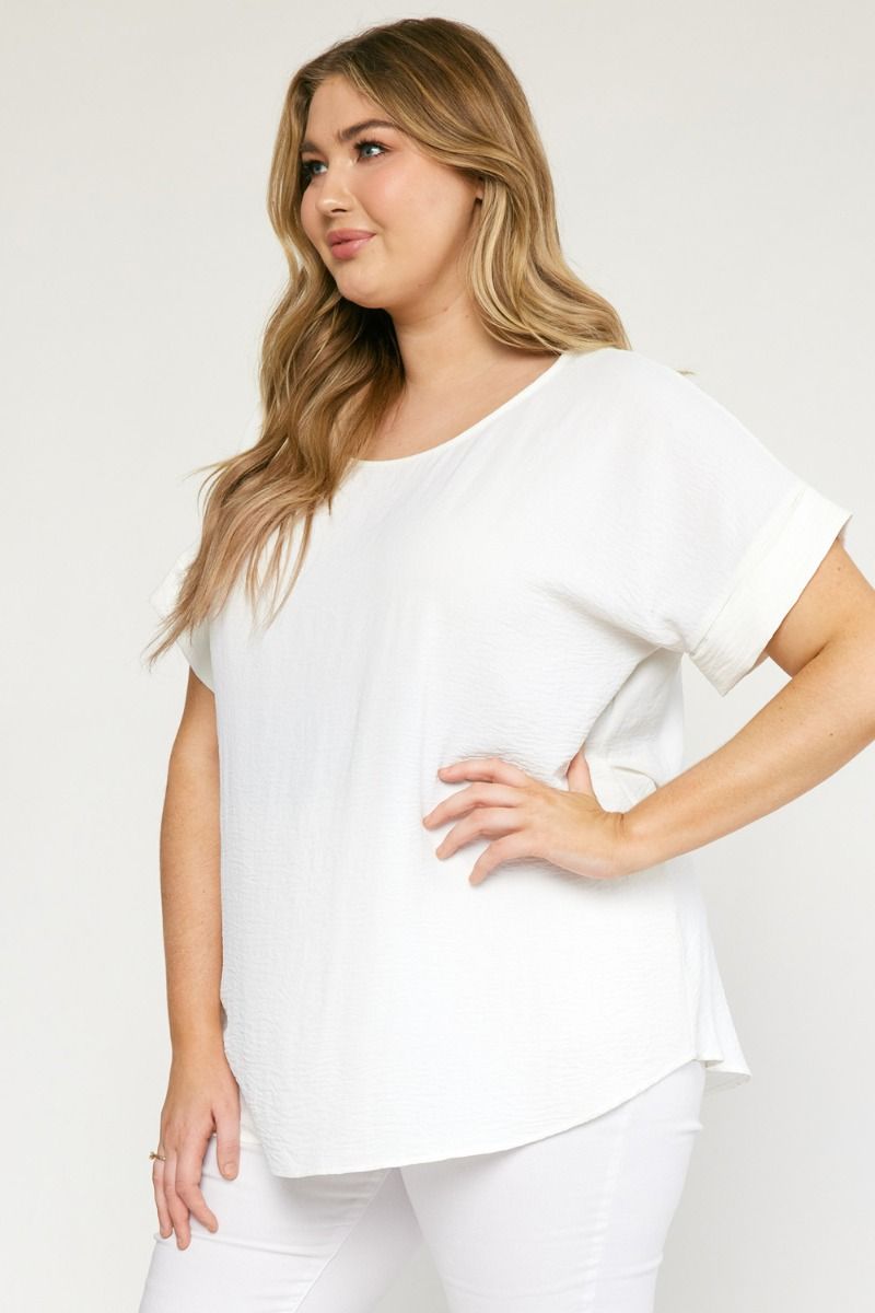Woven Scoop Neck Top Short Sleeve - Off White - Sizes Small - 2XL Curvy