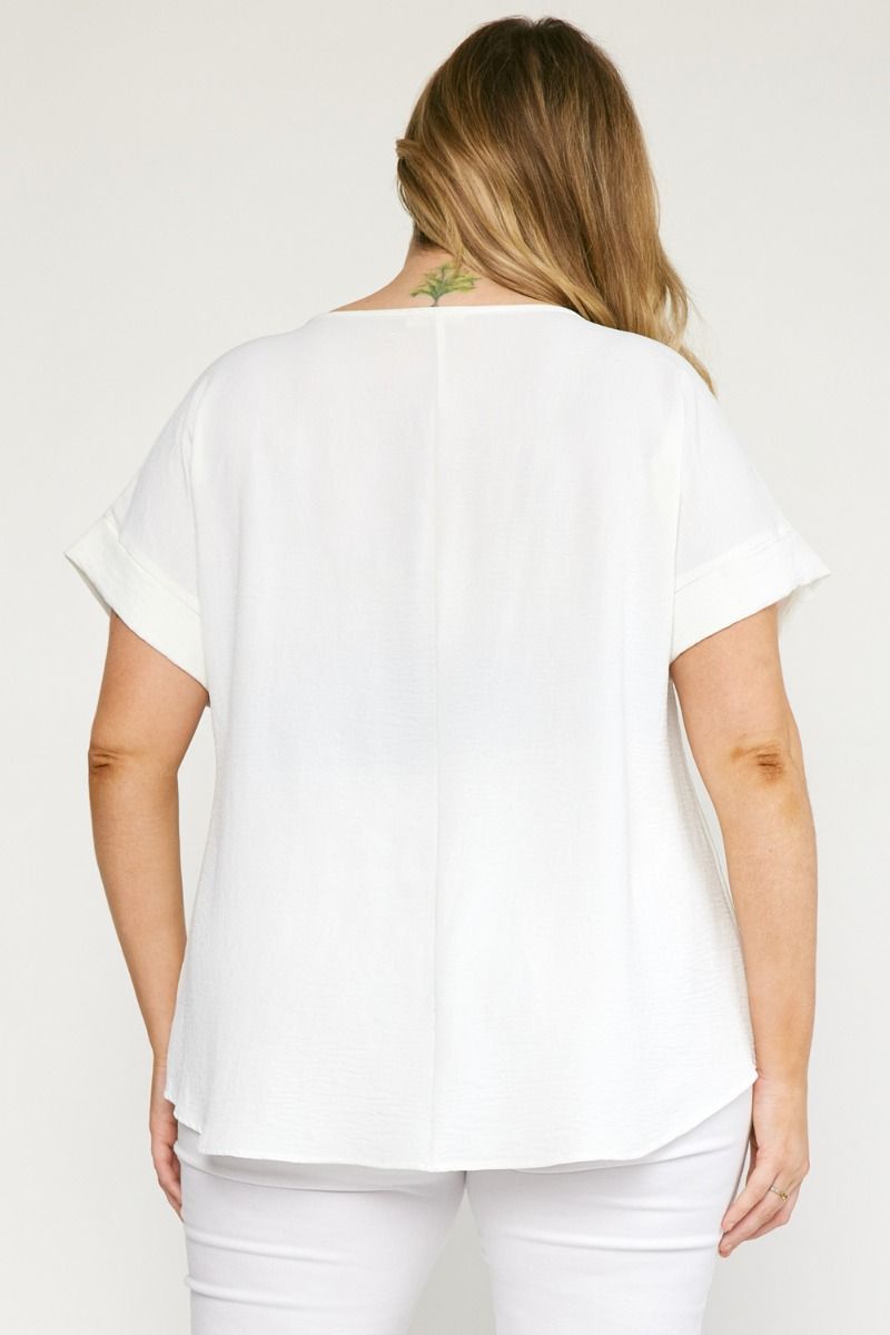 Woven Scoop Neck Top Short Sleeve - Off White - Sizes Small - 2XL Curvy