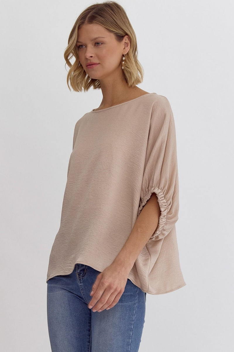 Satin Roundneck Short Sleeve Top Featuring Elasticized Sleeves