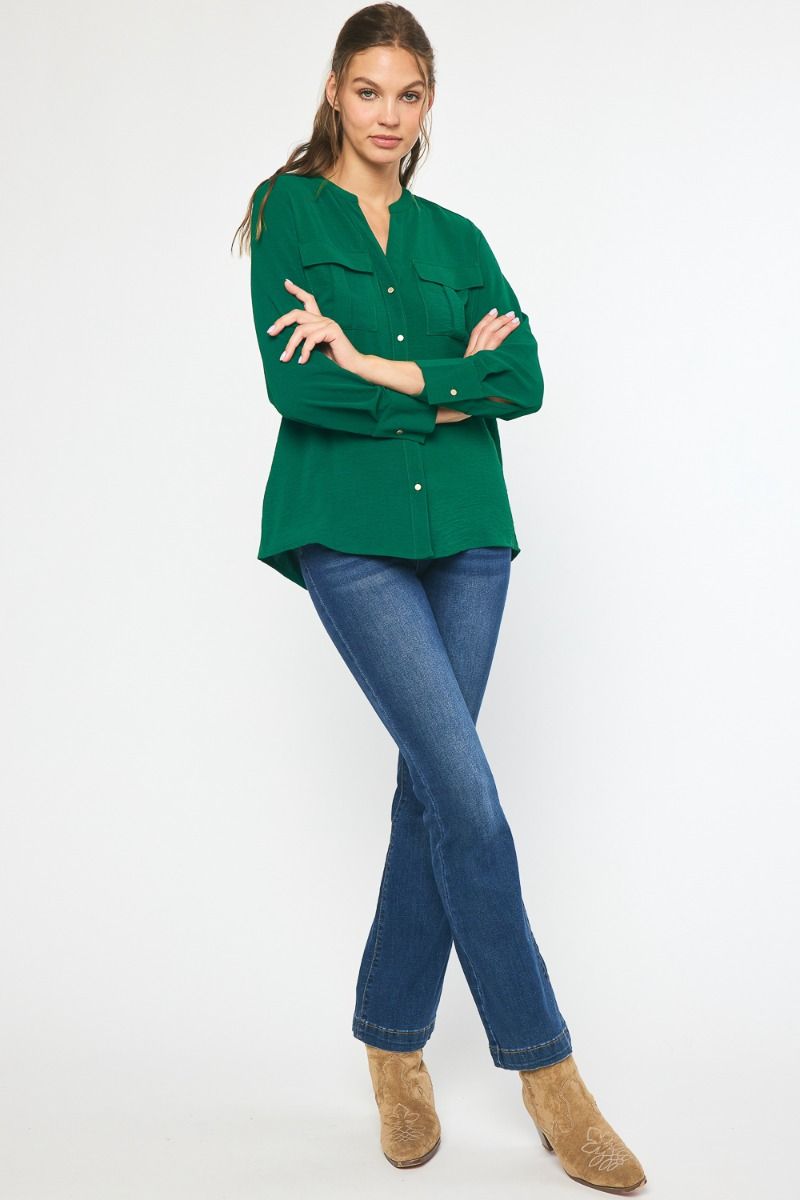 Long Sleeve Button Up Top - Forest