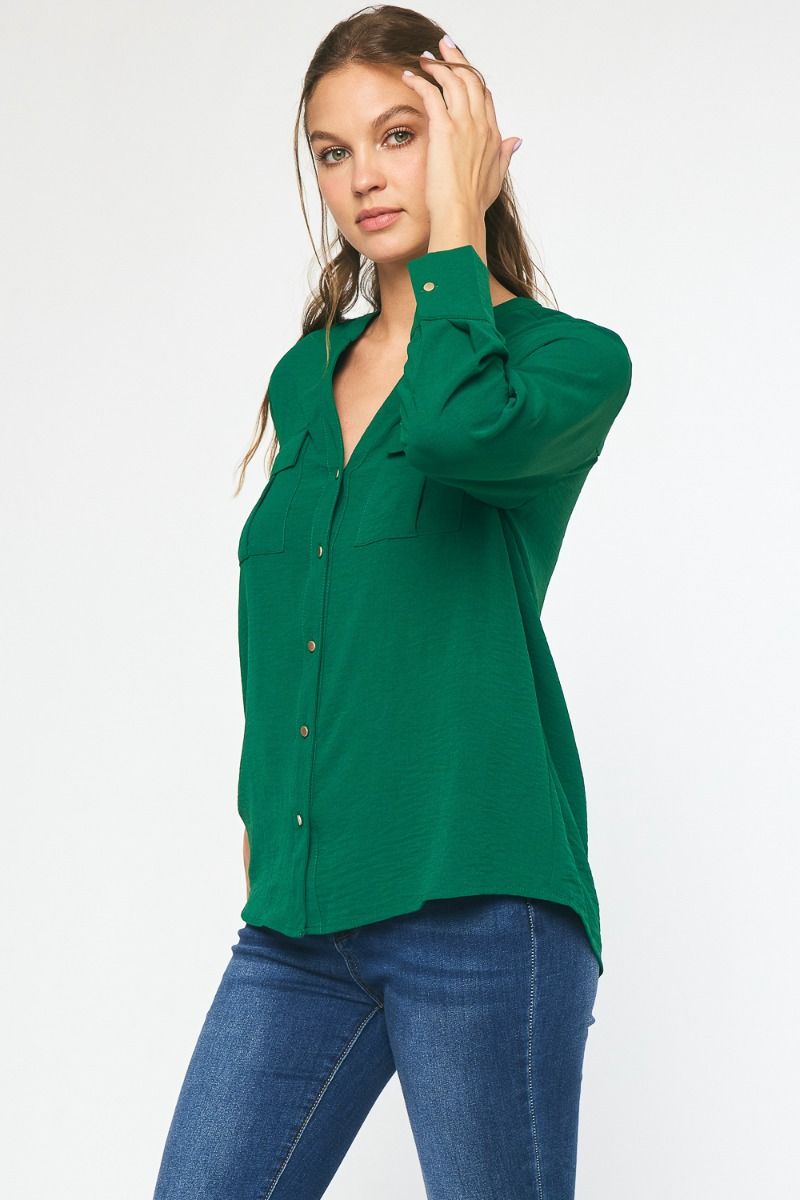 Long Sleeve Button Up Top - Forest