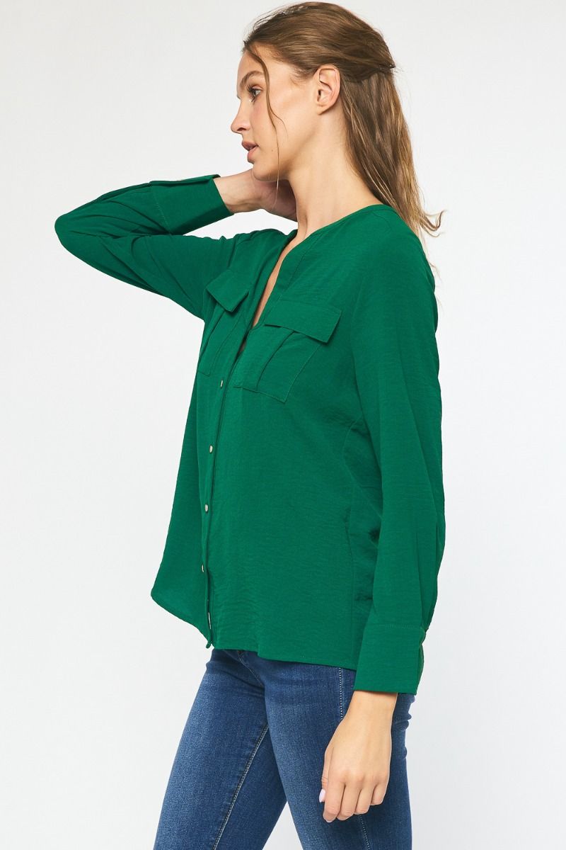 Long Sleeve Button Up Top - Forest