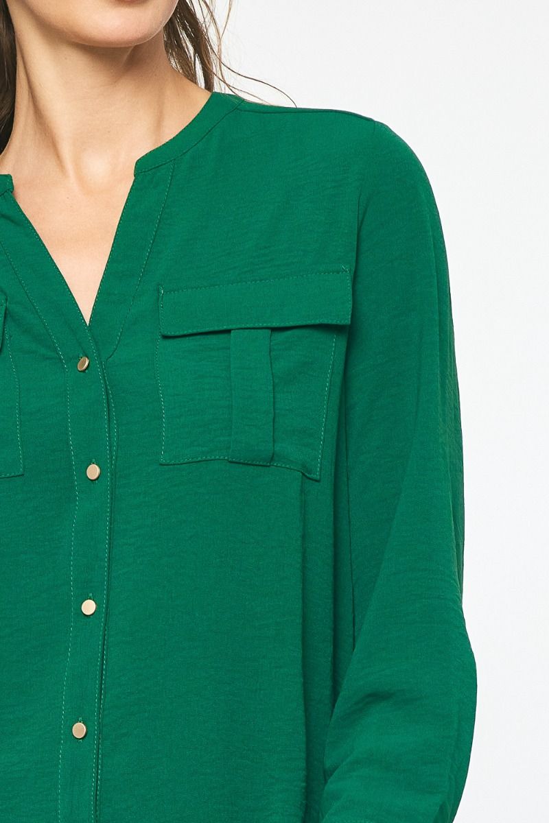 Long Sleeve Button Up Top - Forest
