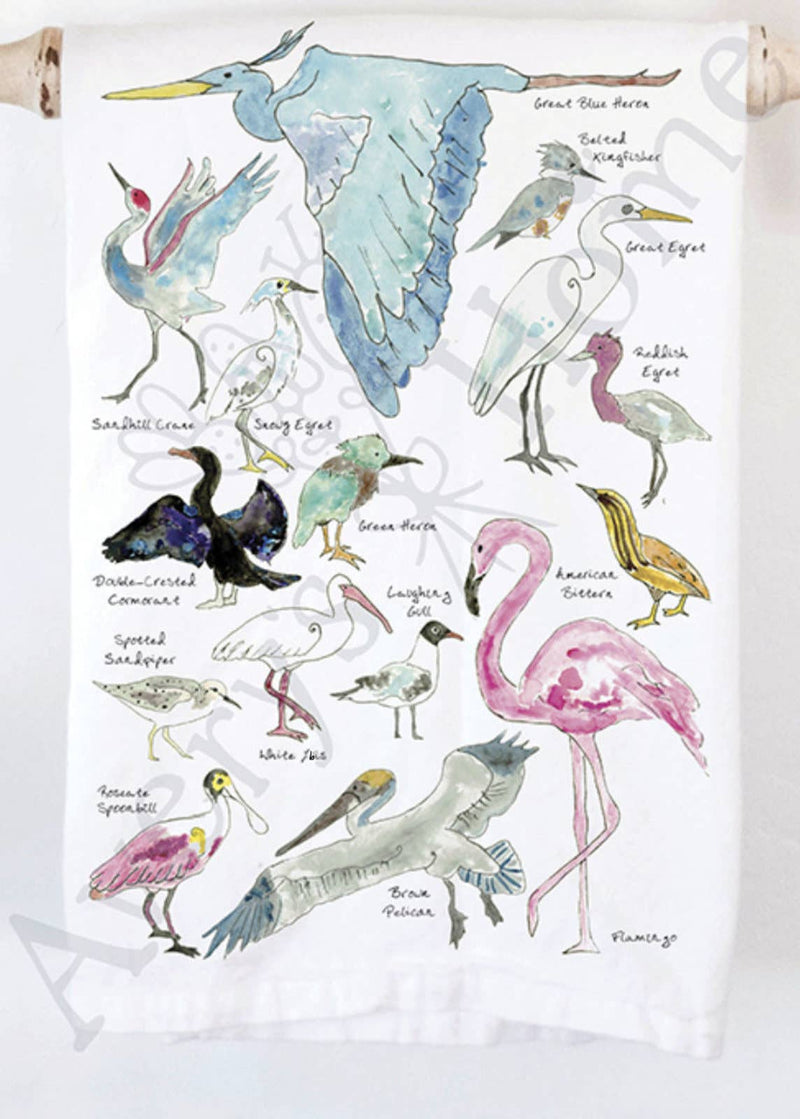 Coastal Birds Heron Pelican Beach Tea Towel