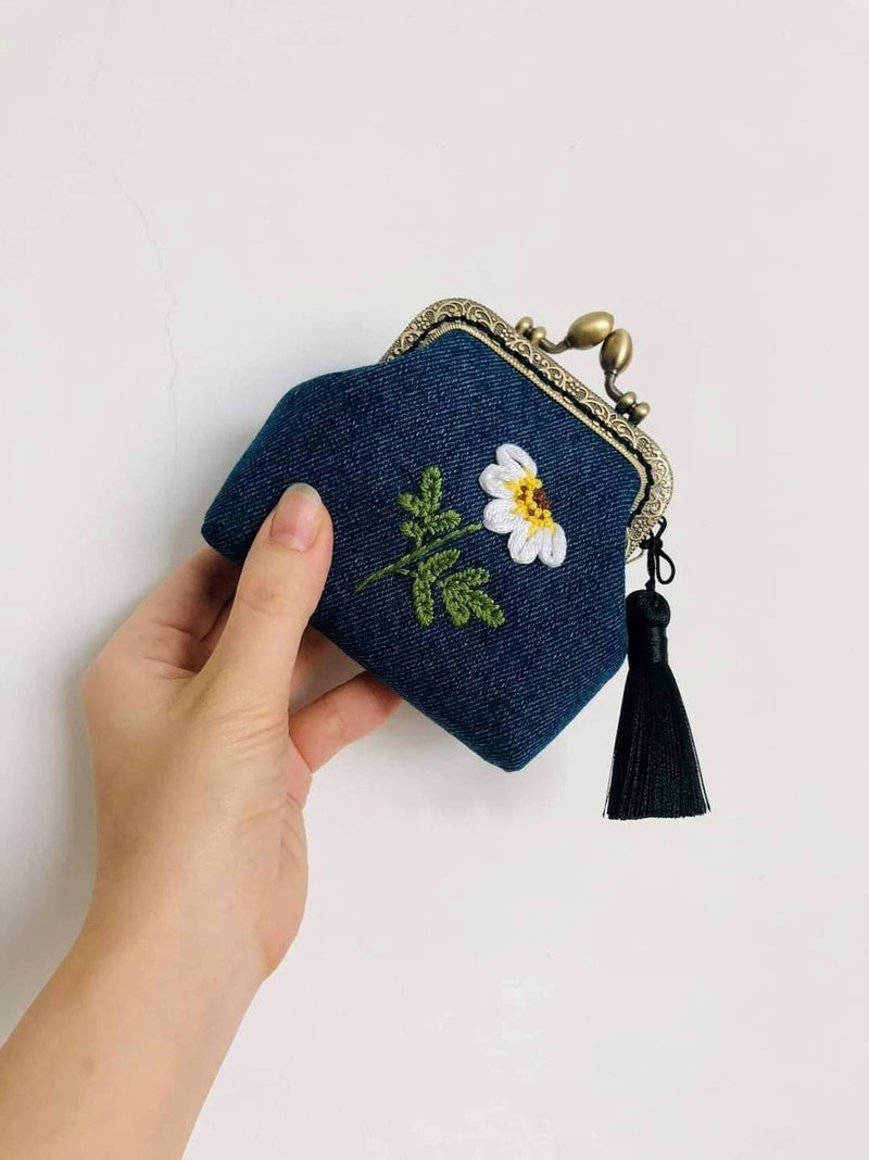 Daisy Embroidered Denim Coin Purse