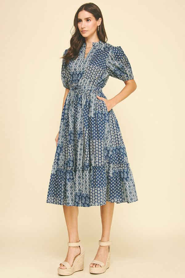 Floral Print Tiered Midi Dress - Navy