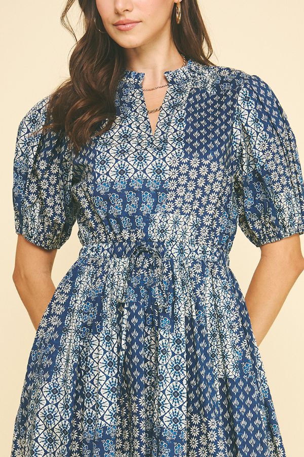 Floral Print Tiered Midi Dress - Navy