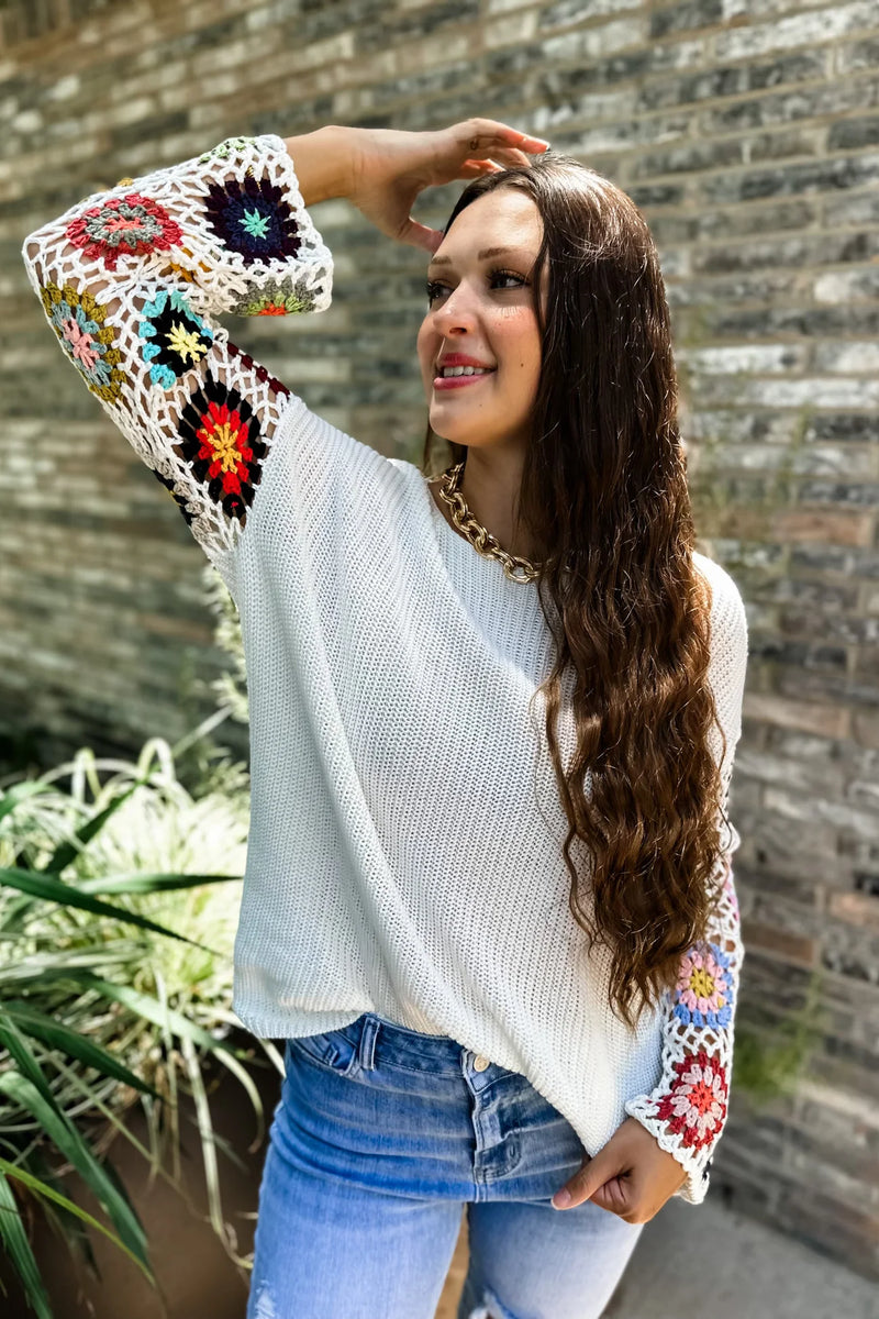 Indie Crochet Sleeve Sweater Top - White