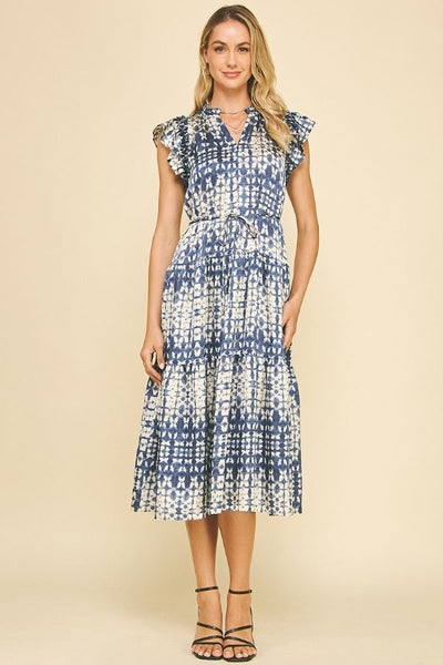 Print Tiered Midi Dress - Dusty Navy
