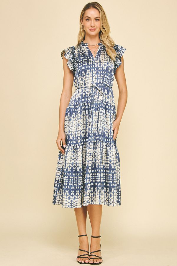 Print Tiered Midi Dress - Dusty Navy