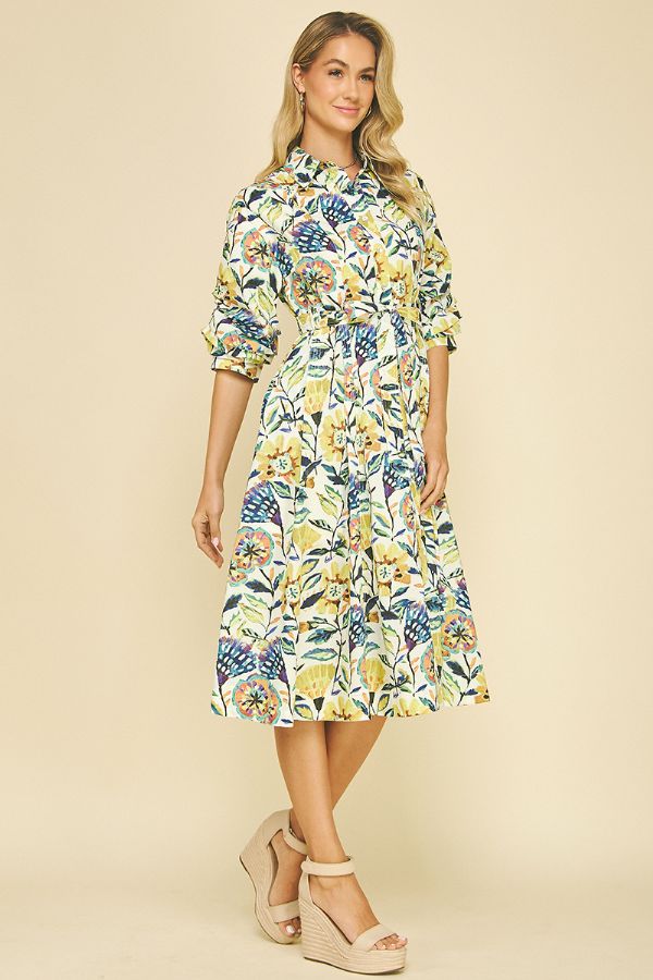 Floral Button Down Midi Dress - Cream Multi