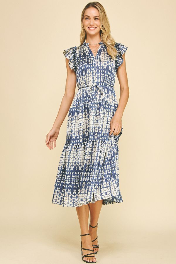 Print Tiered Midi Dress - Dusty Navy
