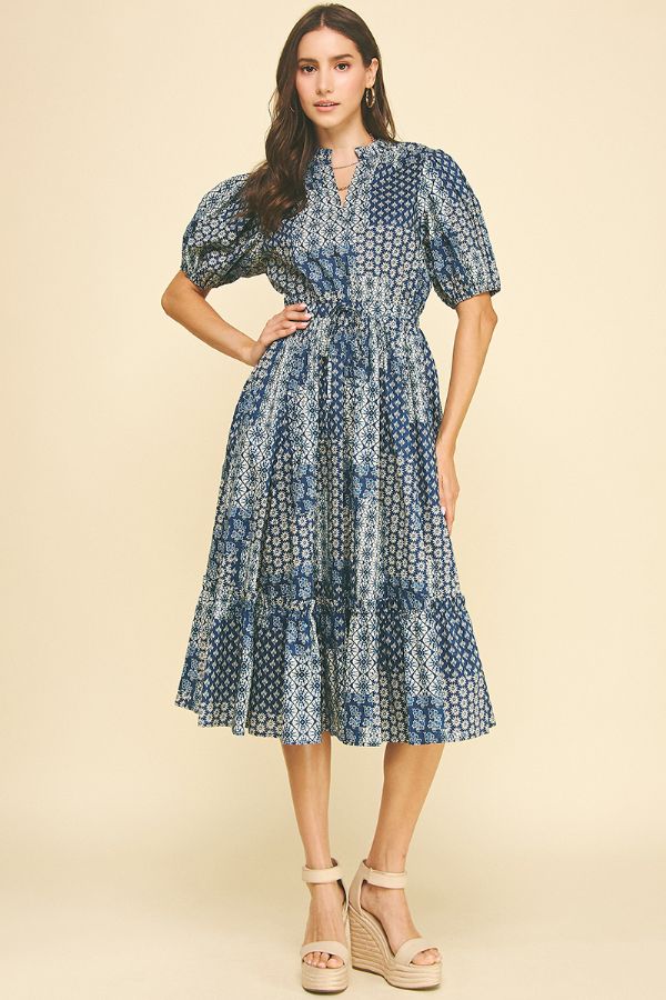 Floral Print Tiered Midi Dress - Navy