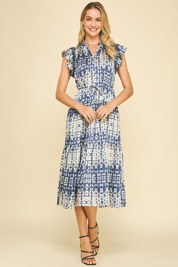 Print Tiered Midi Dress - Dusty Navy