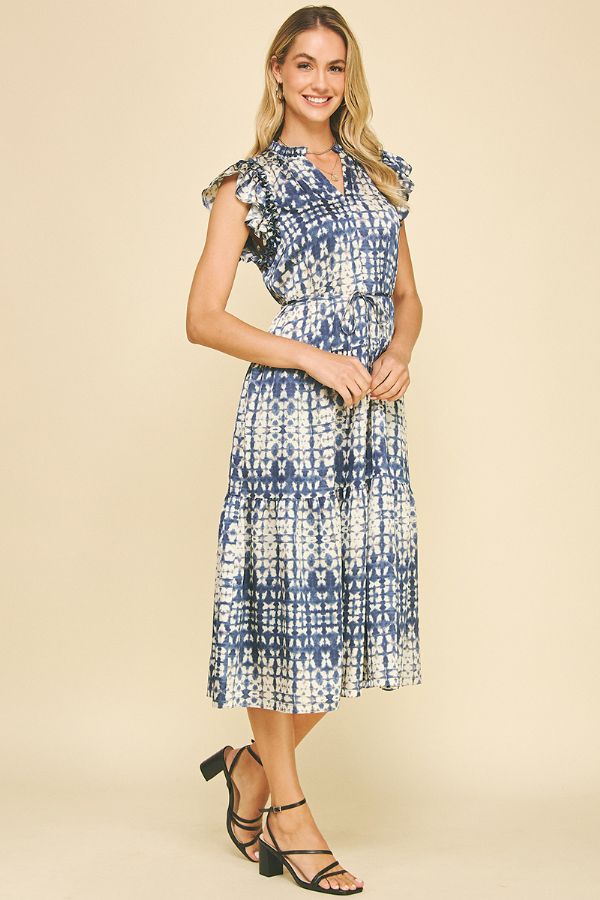 Print Tiered Midi Dress - Dusty Navy