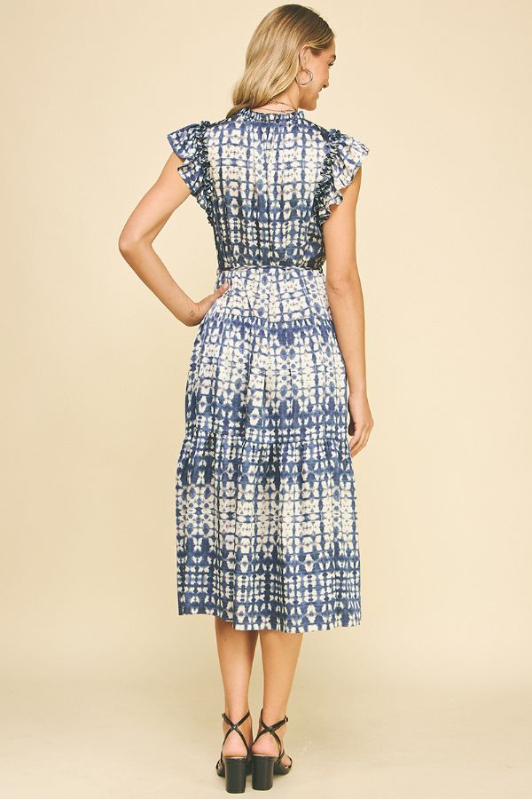 Print Tiered Midi Dress - Dusty Navy