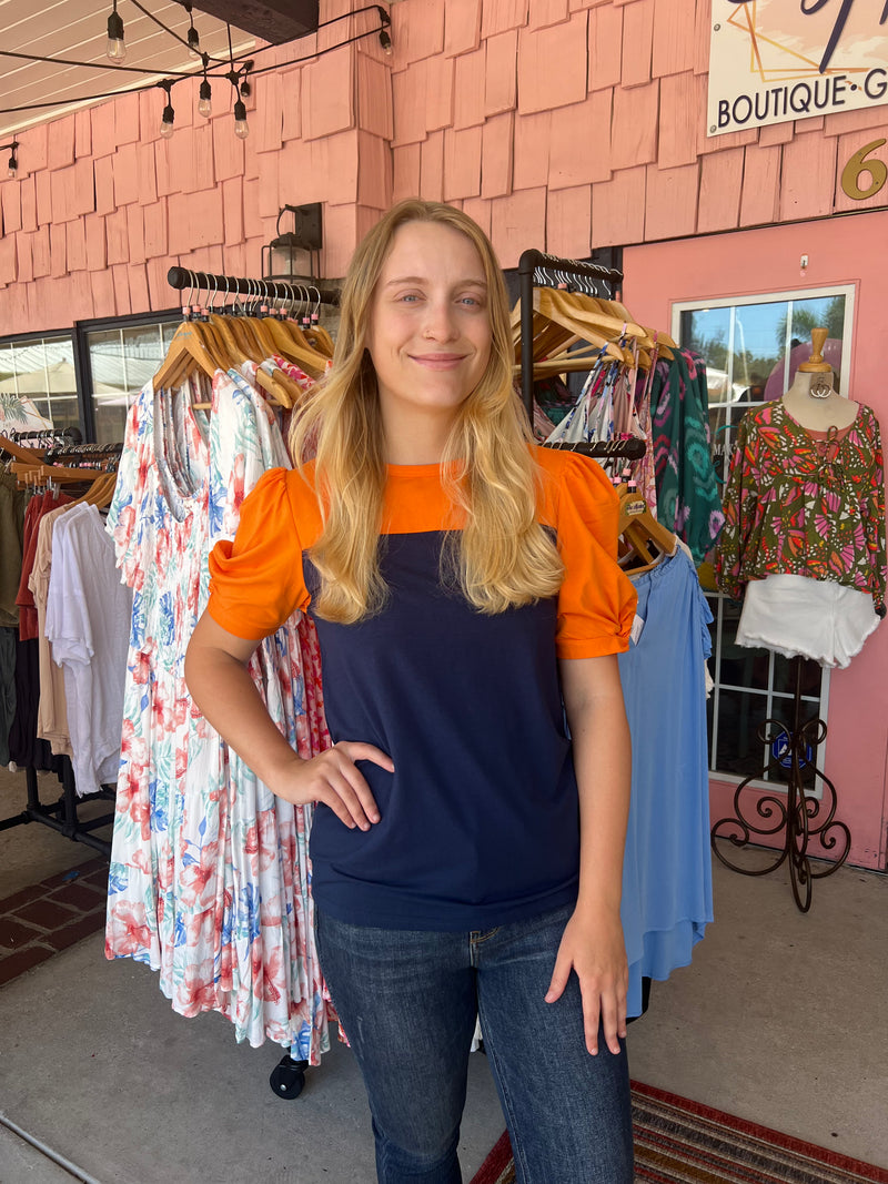FINAL SALE Michelle McDowell - Blakeley Top - Navy/Orange - GAME DAY GATORS!