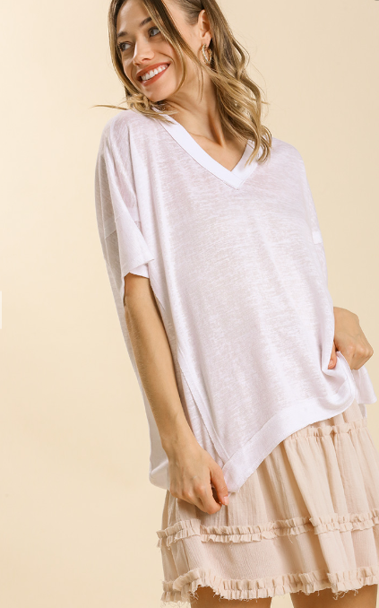 Linen Blend Short Sleeve Tunic Top with Side Slits - White - Small - 2XL Curvy