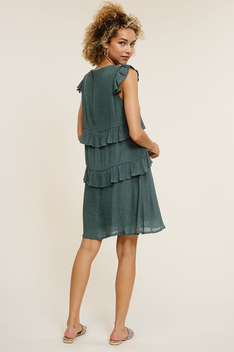 Fall in Love Ruffle Woven Mini Dress - Emerald