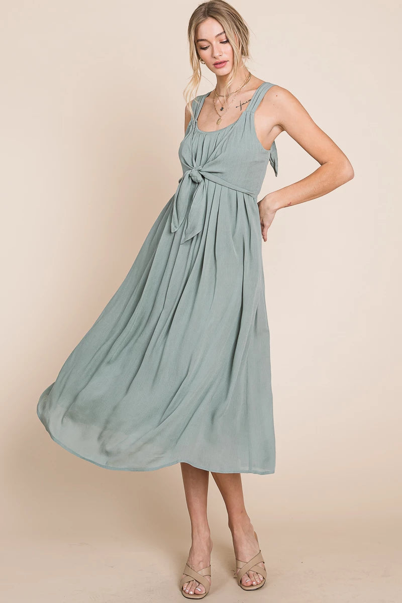 FINAL SALE Gauze Midi Dress with Front Tie Detail - Dusty Sage