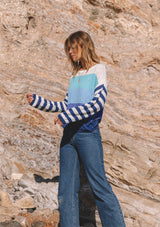 Teddi Striped Sleeve Knit Pullover - Navy Multi